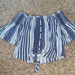 blue and white off the shoulder blouse